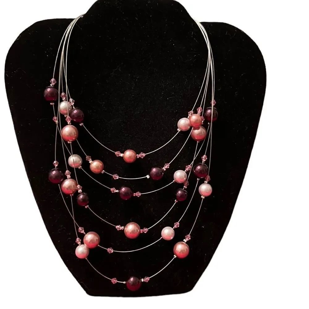 Beautiful stylish multi strand purplish pinkish floating faux pearl necklace EUC